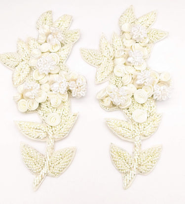 White Hand Embroidered Floral Applique, Beaded Floral Motif
